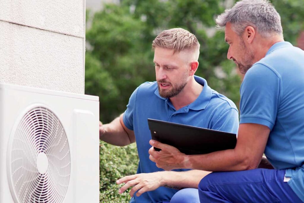 A person checking a home furnace filter in a basement utility area.